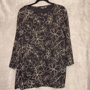 George Top Shirt 26W 28W Black Brown Floral 3/4 Sleeve Round Neck Womens